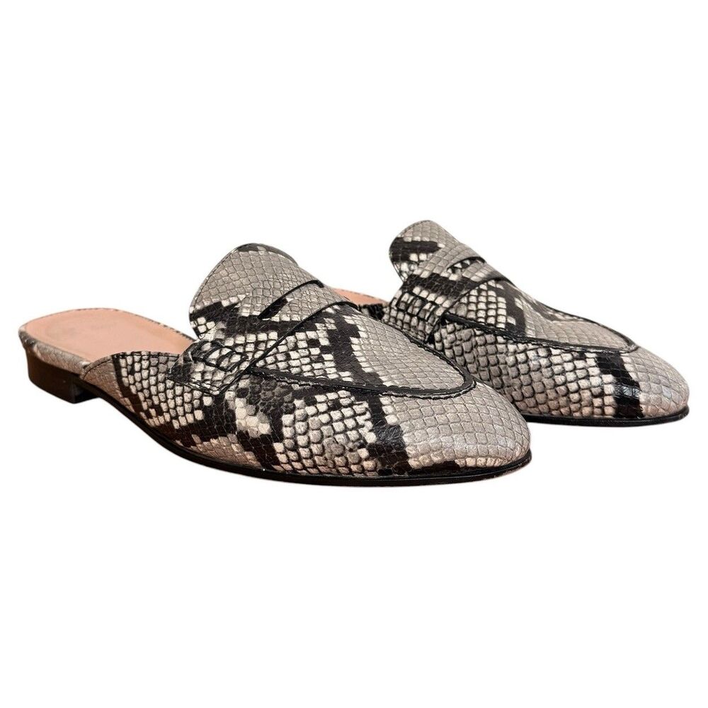 J. Crew Academy Penny Loafer Mules in Snake-Embossed Leather Size 9 Gray Black